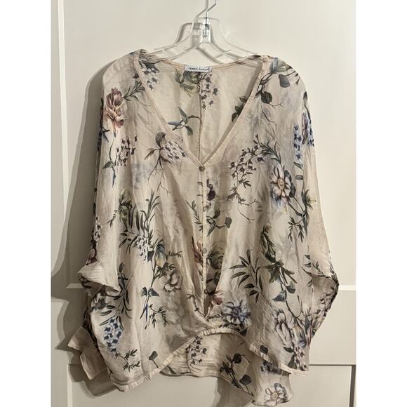 Tempo Paris Tops - Tempo Paris Tunic Blouse Womens Large Beige Floral Silk Blend V Neck Boho Italy
